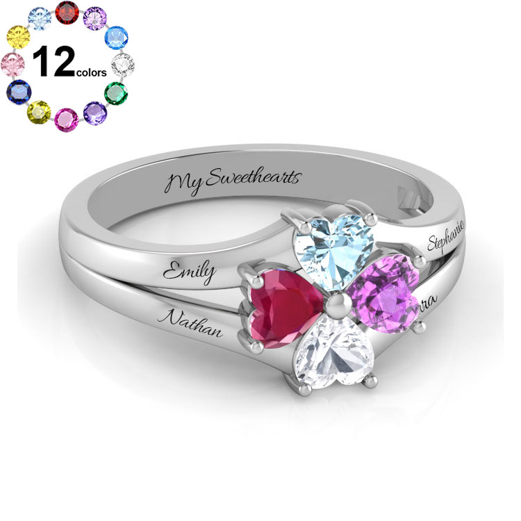 Sotiya Heart-Shaped Four-Leaf Clover Design Customized 12 Birthstone Engagement Ring Sterling Silver-Sotiya