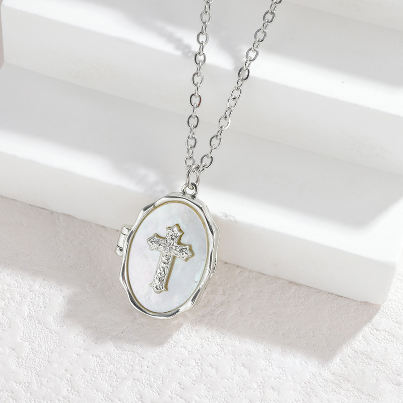 Sotiya Cross Faith Shell Personalized Photo Locket Necklace-Sotiya