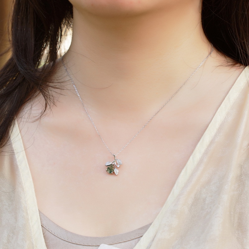 Sotiya Leaf Design Pear Cut Green Moss Agate Necklace Sterling Silver-Sotiya