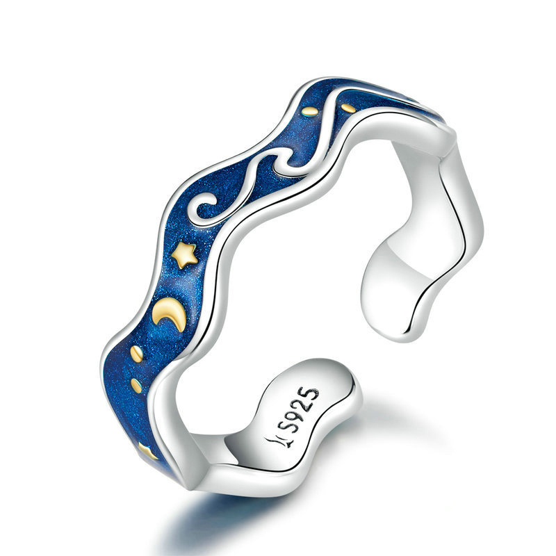 Sotiya Artist Collection Famous Painting Starry Night Inspired Enamel Open Ring Sterling Silver-Sotiya