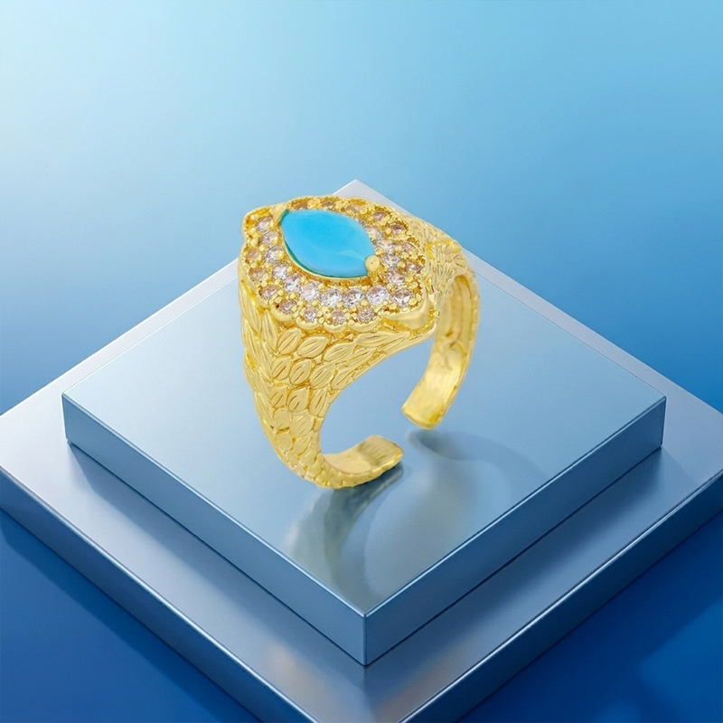 Sotiya Nature Inspired Leaf Halo Marquise Cut Turquoise Open Ring 18K/White Gold Plated