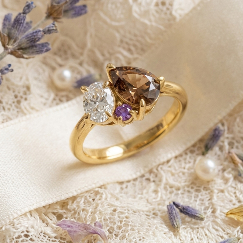 Sotiya Toi et Moi Oval and Pear Cut Coffee Cluster Ring Sterling Silver