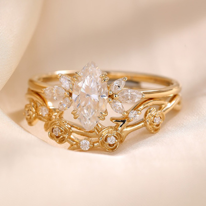 Sotiya Vintage Floral Marquise Cut Wedding Bridal Ring Set Sterling Silver-Sotiya