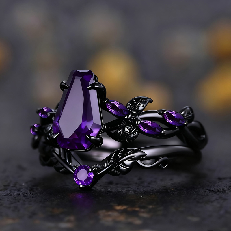 Sotiya Vintage Amethyst Nature Inspired Coffin Cut Wedding Bridal Ring Set Sterling Silver-Sotiya