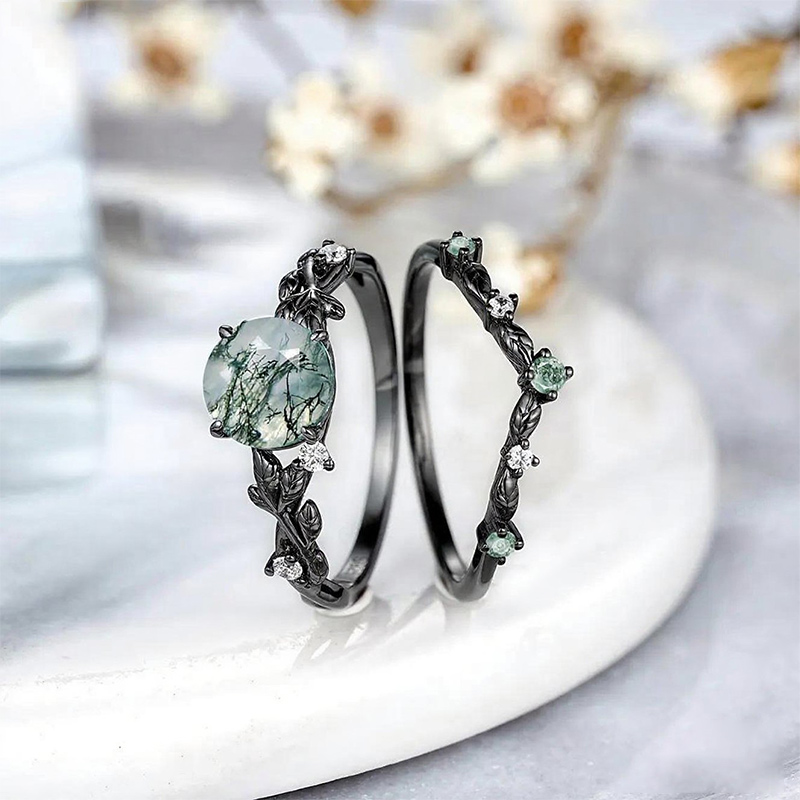 Sotiya Nature Inspired Round Cut Green Moss Agate Wedding Bridal Ring Set Sterling Silver-Sotiya