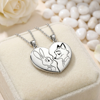 Animal City Bunny and Fox Inspired Couple Heart Necklace-Sotiya