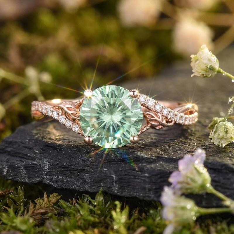 Sotiya Leaf Twist Green Round Fantasy Starbrite Cut Engagement Ring Sterling Silver-Sotiya