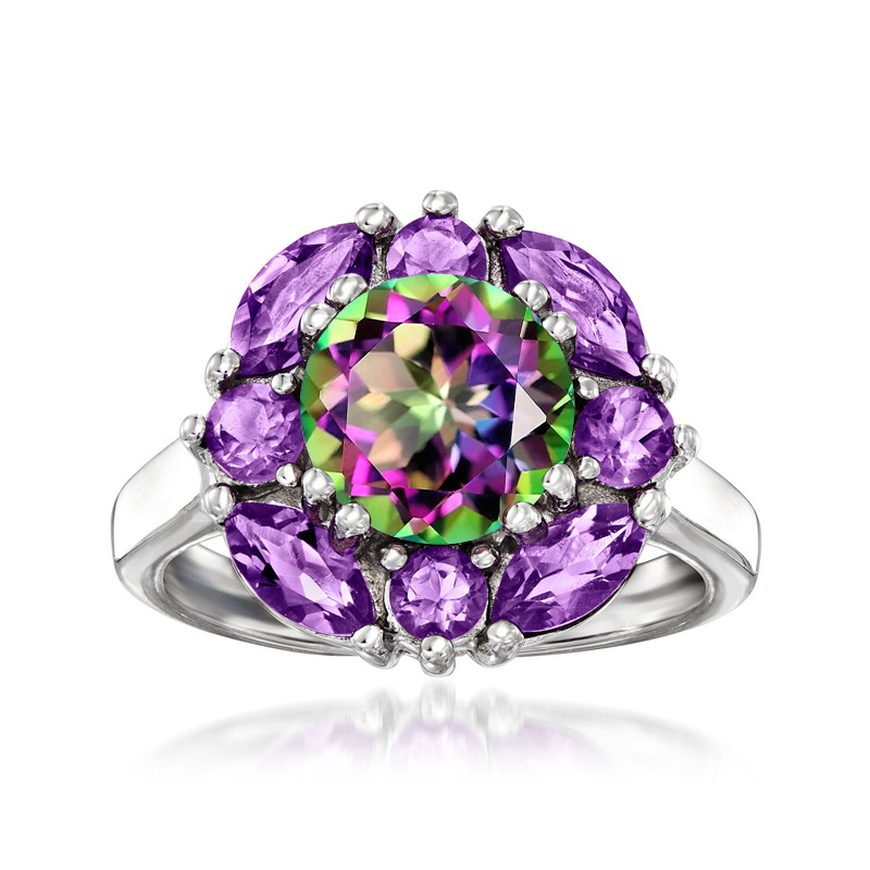 Sotiya Halo Amethyst and Rainbow Mystic Quartz Round Cut Engagement Ring Sterling Silver-Sotiya
