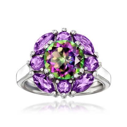 Sotiya Halo Amethyst and Rainbow Mystic Quartz Round Cut Engagement Ring Sterling Silver-Sotiya
