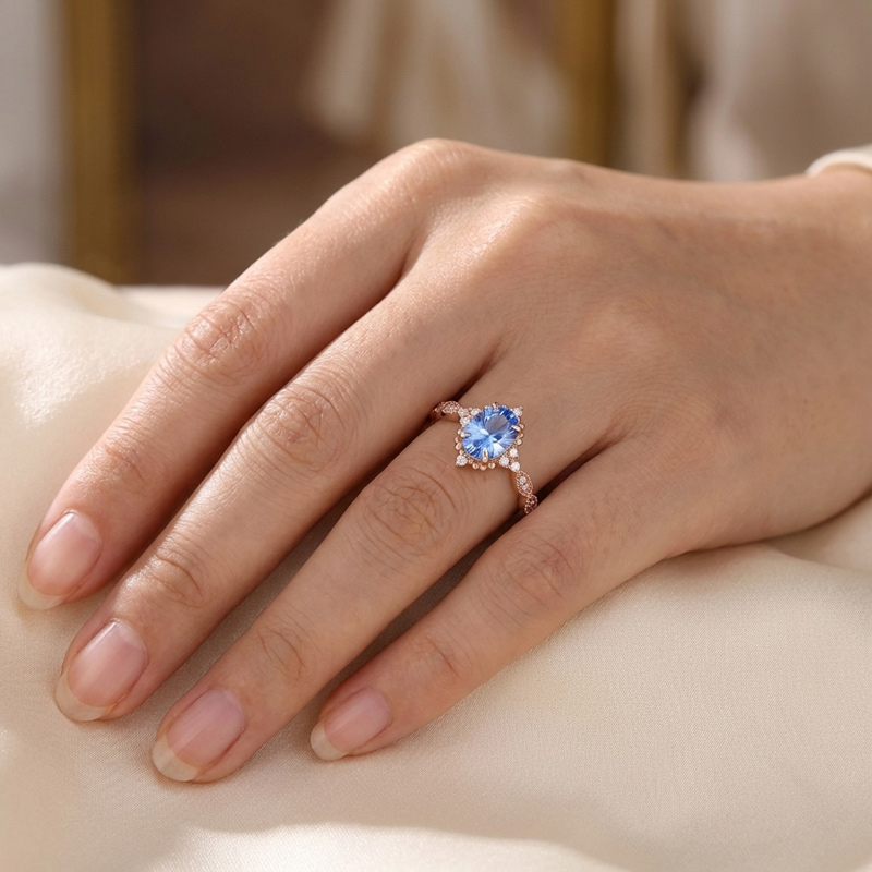 Sotiya Vintage Aquamarine Blue Oval Fantasy Starbrite Cut Engagement Ring Sterling Silver-Sotiya