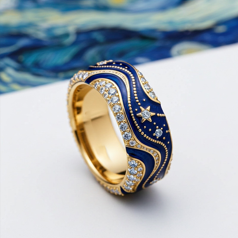 Sotiya Artist Collection Famous Painting Enamel Starry Night Curve Curl Design Women's Wedding Ring Band Sterling Silver Christmas Gift-Sotiya