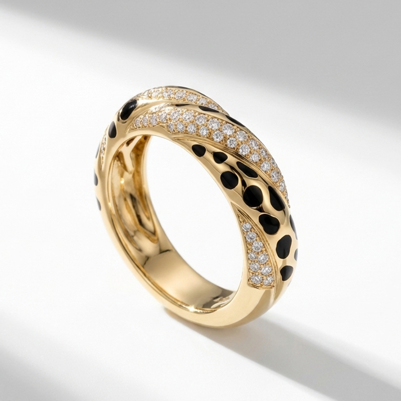 Sotiya Twist Leopard Print Black Enamel Ring Sterling Silver-Sotiya