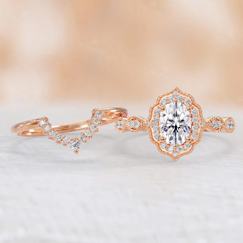 Sotiya Vintage Milgrain Halo Oval Cut Wedding Bridal Ring Set Sterling Silver-Sotiya