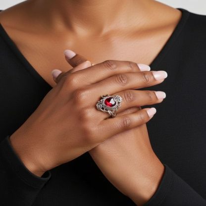 Sotiya Vintage Rose Heart Cut Garnet Skull Inspired Cocktail Ring Sterling Silver-Sotiya