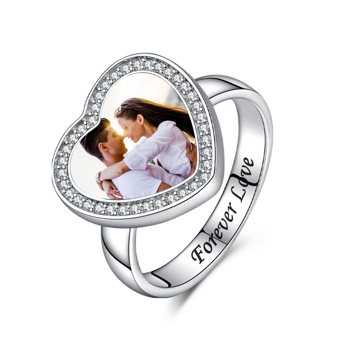 Sotiya Heart Shaped Halo Personalized Photo Engagement Ring Sterling Silver-Sotiya