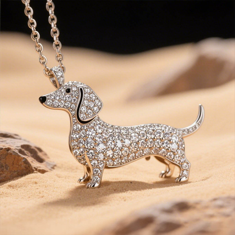 Sotiya Best Buds Dachshund Full Stone Round Cut Necklace Sterling Silver-Sotiya