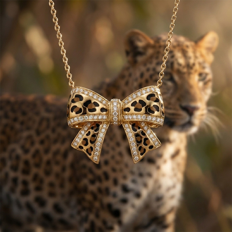 Sotiya Leopard Print Bowknot Enamel Necklace Sterling Silver-Sotiya