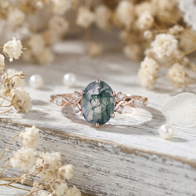 Sotiya Twisted Vine Moss Agate Oval Cut Engagement Ring Sterling Silver-Sotiya