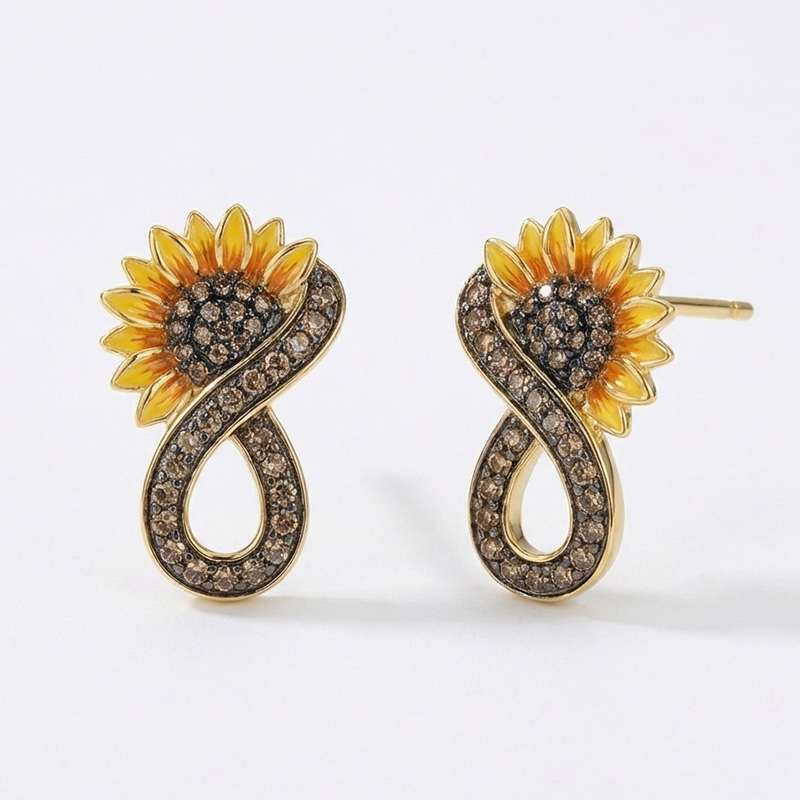 Sotiya Artist Collection Coffee Sunflower Infinity Enamel Stud Earrings Sterling Silver-Sotiya