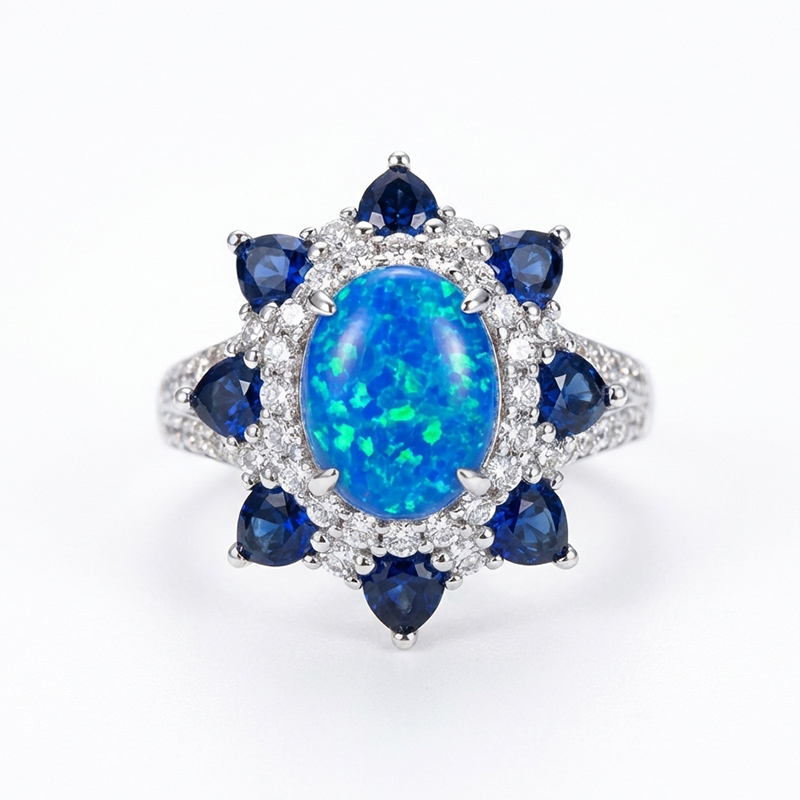 Sotiya Halo Oval Cut Lab Grown Opal Engagement Ring Sterling Silver