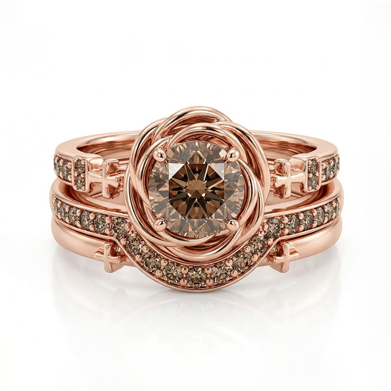 Sotiya 3PC Rose Design Faith Cross Coffee Round Cut Wedding Bridal Ring Set Sterling Silver-Sotiya