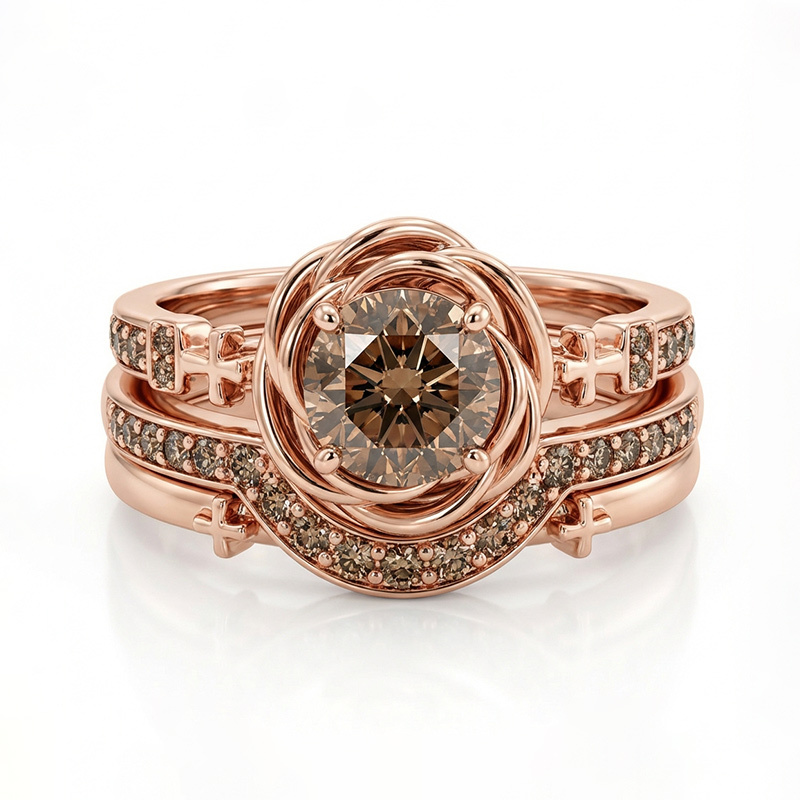 Sotiya 3PC Rose Design Faith Cross Coffee Round Cut Wedding Bridal Ring Set Sterling Silver-Sotiya
