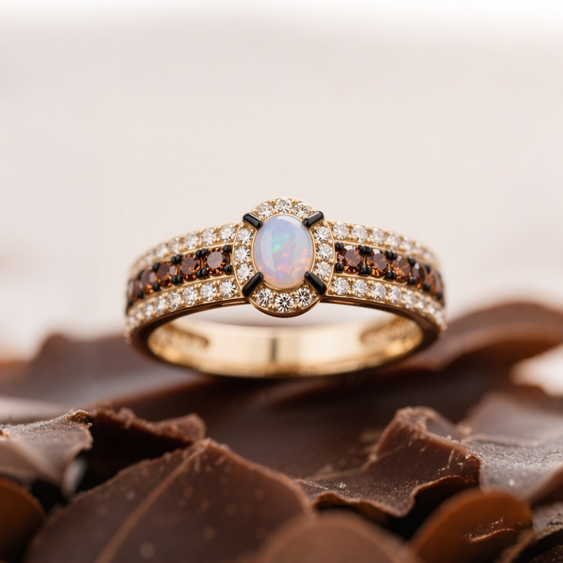 Sotiya Two Tone Halo Oval Cut Opal Coffee Engagement Ring Sterling Silver-Sotiya