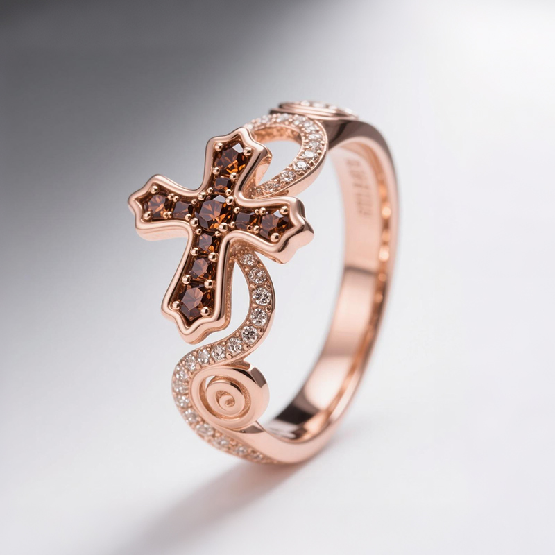 Sotiya Cross Design Faith Round Cut Coffee Cocktail Ring Sterling Silver-Sotiya