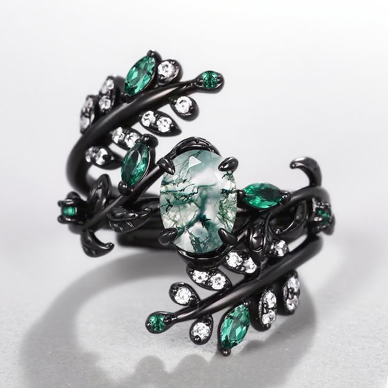 Sotiya Vintage Nature Inspired Oval Cut Green Moss Agate Enhancer Wedding Bridal Ring Set Sterling Silver-Sotiya