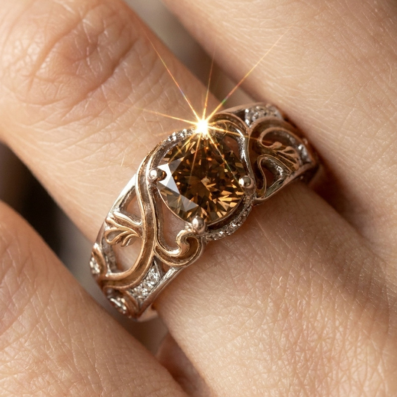 Sotiya Victorian Rococo Enamel Round Cut Coffee Engagement Ring Sterling Silver