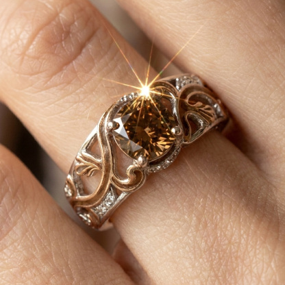 Sotiya Victorian Rococo Enamel Round Cut Coffee Engagement Ring Sterling Silver