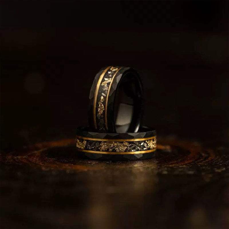 Sotiya Vintage Black Princess Cut & Meteorite Gold Leaf Couple Rings-Sotiya