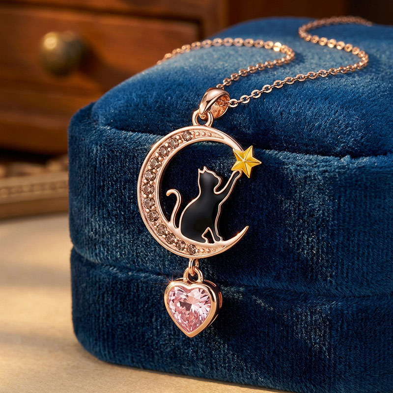 Sotiya Crescent Moon & Black Cat Heart Cut Necklace Sterling Silver-Sotiya