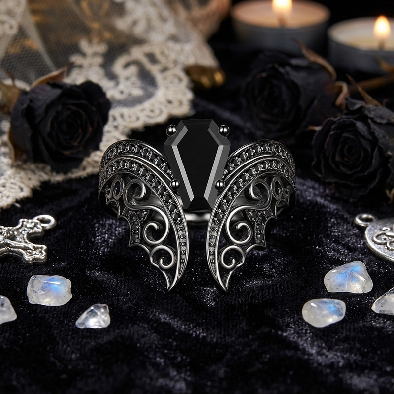 Sotiya Vintage Bat Coffin Cut Wedding Bridal Ring Set Sterling Silver-Sotiya