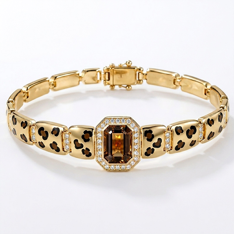 Sotiya Leopard Print Enamel Emerald Cut Coffee Gemstone Halo Link Bracelet