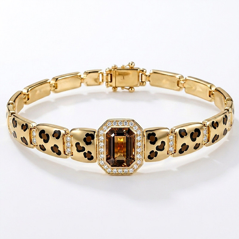 Sotiya Leopard Print Enamel Emerald Cut Coffee Gemstone Halo Link Bracelet