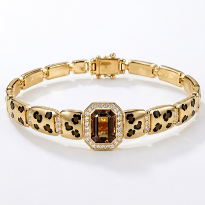 Sotiya Leopard Print Enamel Emerald Cut Coffee Gemstone Halo Link Bracelet