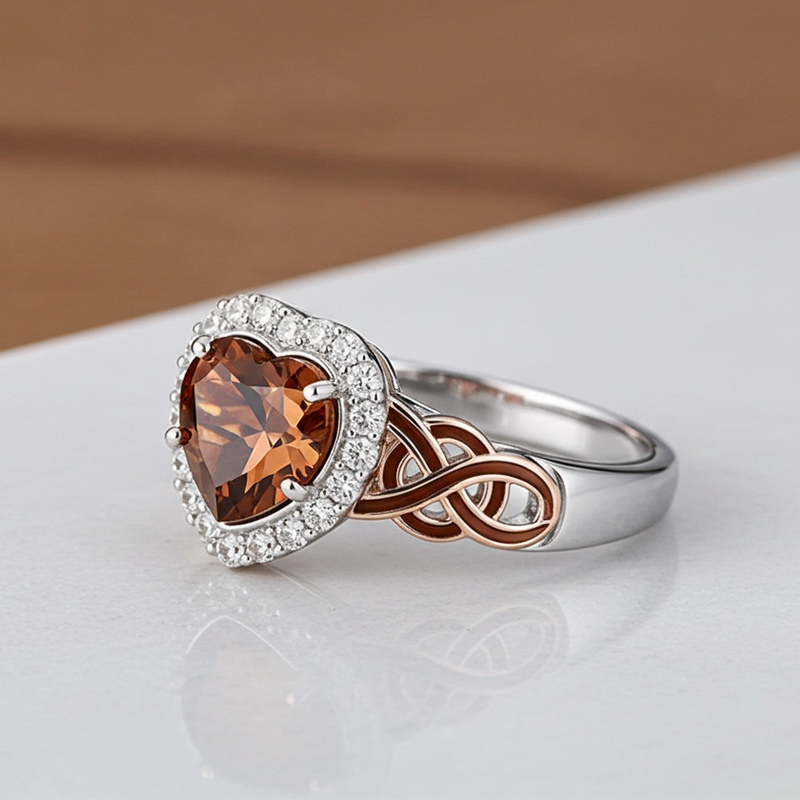 Sotiya Halo Heart Cut Knot Coffee Enamel Engagement Ring Sterling Silver-Sotiya