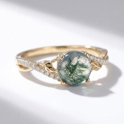 Sotiya Leaf Twist Green Moss Agate Round Cut Engagement Ring Sterling Silver-Sotiya