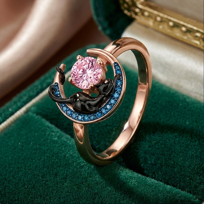 Sotiya 12 Birthstones Crescent Moon & Black Cat Round Cut Ring Sterling Silver-Sotiya