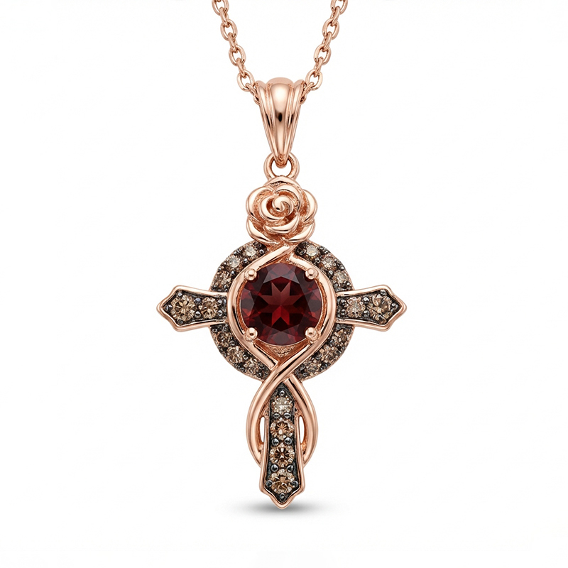 Sotiya Rose Design Faith Cross Coffee Round Cut Necklace Sterling Silver-Sotiya