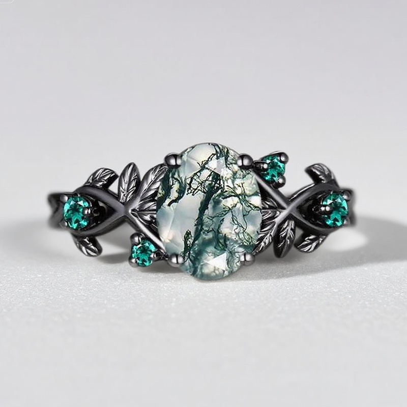Sotiya Nature Inspired Oval Cut Green Moss Agate Engagement Ring Sterling Silver-Sotiya