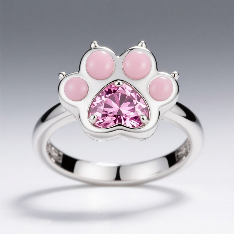 Sotiya Pet Cat Dog Paw Pink Heart Cut Enamel Cocktail Ring Sterling Silver-Sotiya