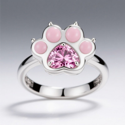 Sotiya Pet Cat Dog Paw Pink Heart Cut Enamel Cocktail Ring Sterling Silver-Sotiya
