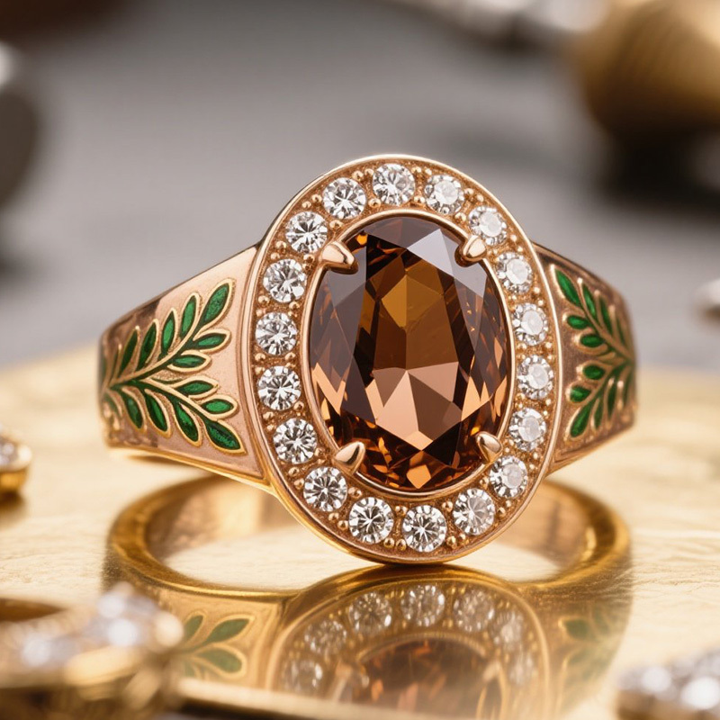 Sotiya Victorian Bay Leaf Enamel Halo Oval Cut Coffee Engagement Ring Sterling Silver-Sotiya