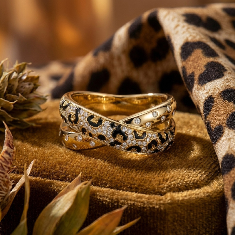 Sotiya Cross Leopard Print Black Enamel Ring Sterling Silver-Sotiya
