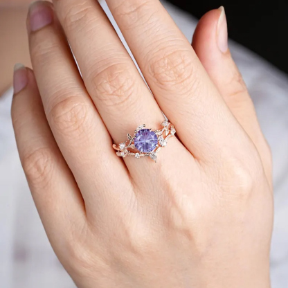 Sotiya Nature Inspired Leaf Purple Round Fantasy Starbrite Cut Engagement Ring Sterling Silver-Sotiya