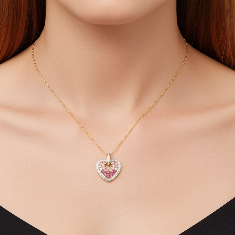 Sotiya Gradient Hot Pink Round Cut Halo Heart Necklace Sterling Silver