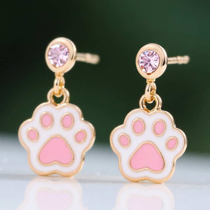 Sotiya Pet Cat Dog Paw Pink Enamel Drop Earrings Sterling Silver-Sotiya