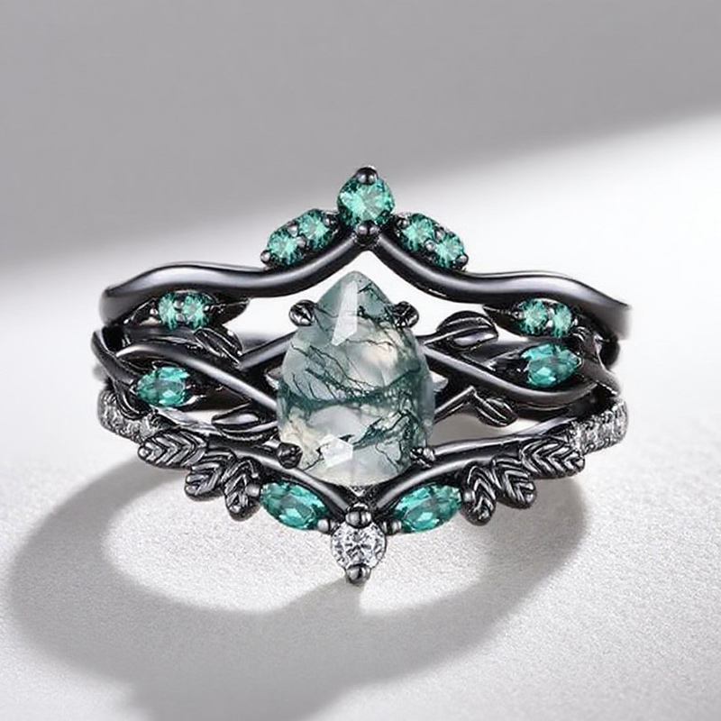 Sotiya 3PC Nature Inspired Pear Cut Green Moss Agate Wedding Bridal Ring Set Sterling Silver-Sotiya